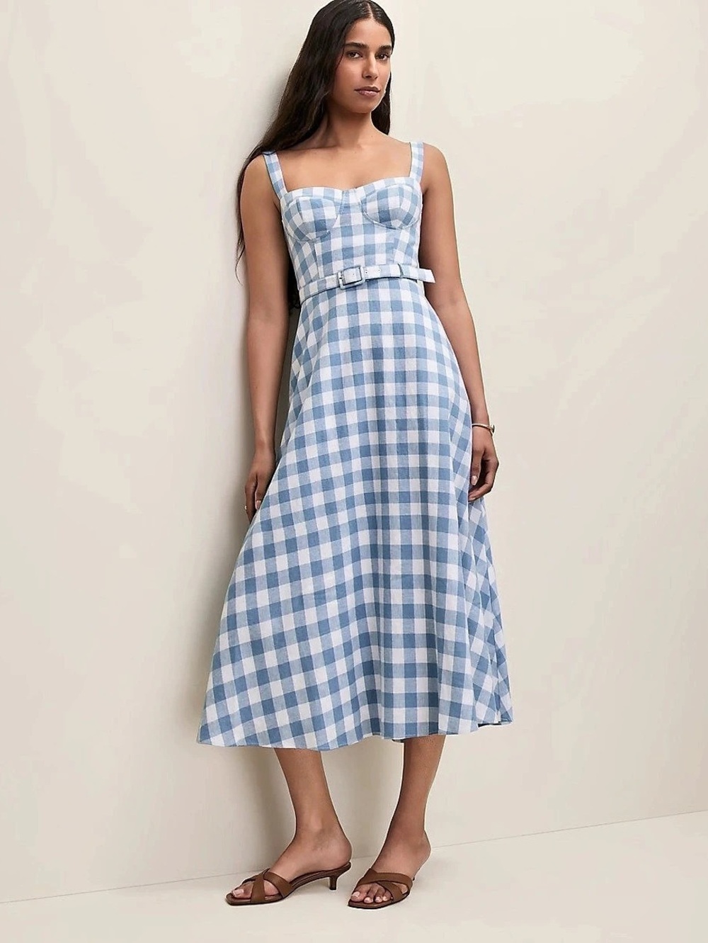 Ann Taylor Gingham Midi Dress in Blue & White Size 2 Petite
